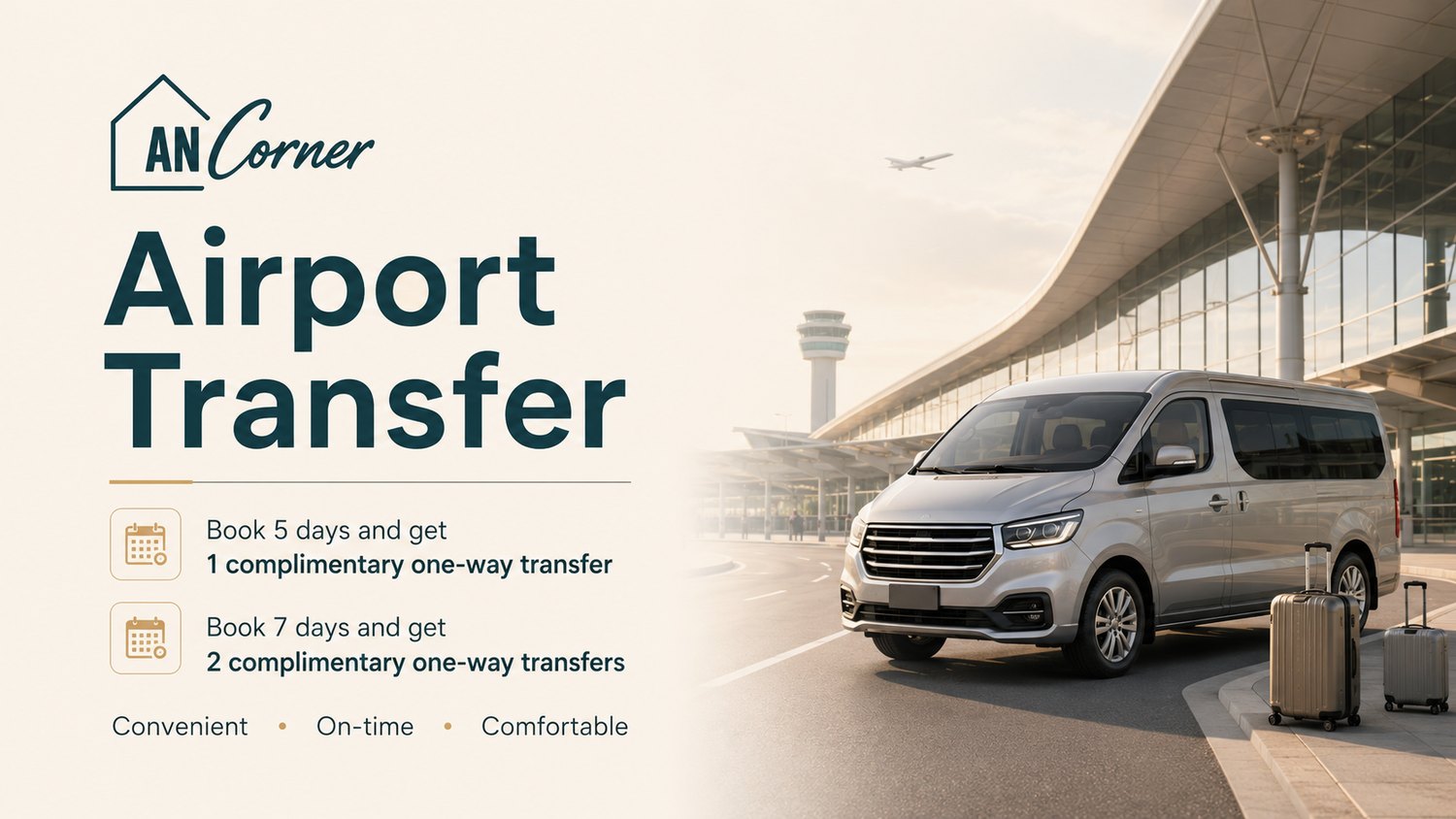 Airport transfer: book 5 days for 1 free one-way, 7 days for 2 — An Corner