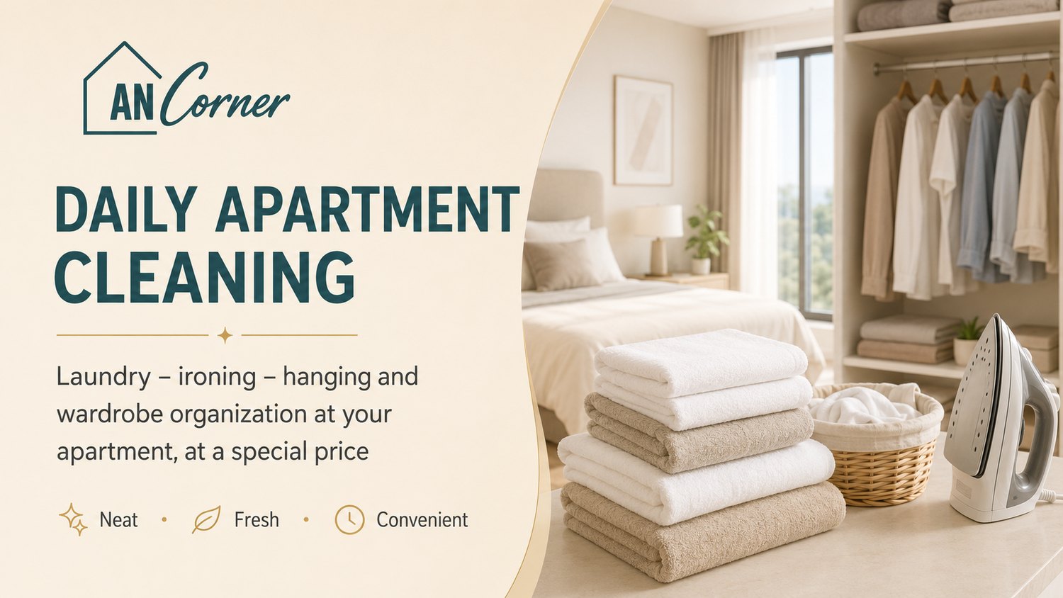 Daily apartment cleaning, laundry, ironing and wardrobe organization at a special price — An Corner